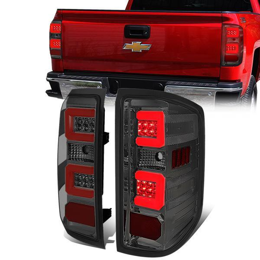 FAROS TRASEROS 14-19 CHEVY SILVERADO 1500 - 15-19 SILVERADO 2500HD 3500HD - 15-19 GMC SIERRA 3500HD DUAL REAR WHEELS - HALOGEN TAIL LIGHT MODELS ONLY - C-BAR - DUAL RED 3D STRIPS - LED - CHROME / SMOKE