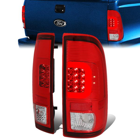 FAROS TRASEROS 97-03 FORD F-150 / 97-99 FORD F-250 / 99-07 FORD F-250, F-350, F-450, F-550 - SUPER DUTY / 04 FORD F-150 HERITAGE - C-BAR - 3D - LED - FITS STYLESIDE MODELS ONLY - CHROME / RED