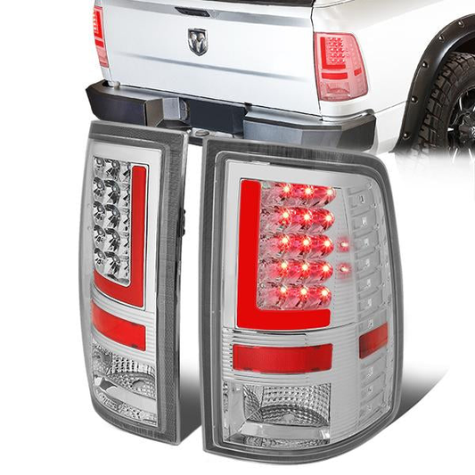 FAROS TRASEROS 09-17 DODGE RAM 1500 / 10-17 DODGE RAM 2500 , 3500 - RED L-BAR - 3D - LED - CHROME / CLEAR