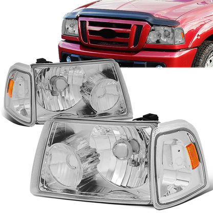 FAROS 01-11 FORD RANGER 2/4-DOOR - 4PC - 9007 LOW BEAM / HIGH BEAM - CHROME HOUSING / AMBER CORNER