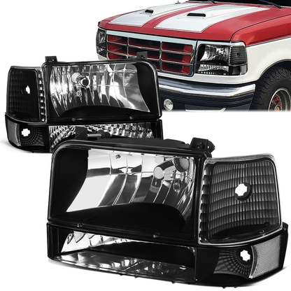 FAROS 92-96 FORD F-150, F-250, F-350, BRONCO 2/4-DR - 6PC - 9007 LOW BEAM / HIGH BEAM - 3157A TURN SIGNAL - BLACK HOUSING / CLEAR CORNER