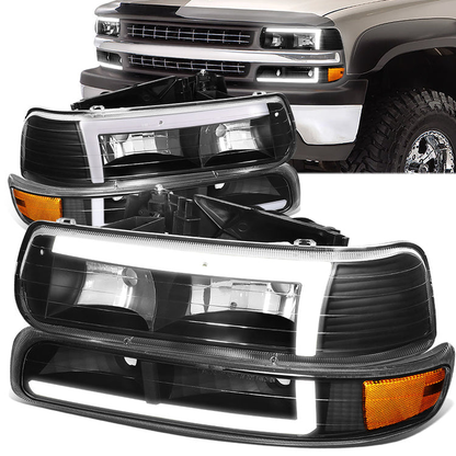 FAROS 99-02 CHEVY SILVERADO 1500, 2500 / 01-02 SILVERADO 1500 HD, 2500 HD, 3500 / 00-06 SUBURBAN 1500, 2500, TAHOE - REQUIRES WIRING TO EXISTING VEHICLES WIRING HARNESS - LED DRL - 4PC - BLACK / AMBER