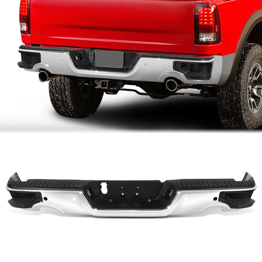 BURRERA TRASERA 09-10 DODGE RAM 1500 / 11-18 RAM 1500 / 19-23 RAM 1500 CLASSIC - WITH SENSOR HOLE,WITH DUAL EXHAUST CUTOUTS - CHROME