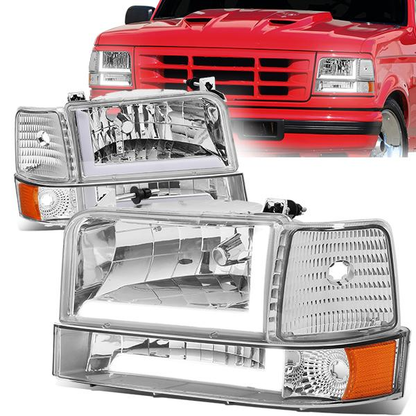 FAROS 92-96 FORD F-150, F-250, F-350 BRONCO - FITS MODELS WITH HALOGEN HEADLIGHTS ONLY - DUAL LED DRL - 4PC - CHROME HOUSING / AMBER CORNER - 9007 LOW BEAM / HIGH BEAM / 194 MARKER