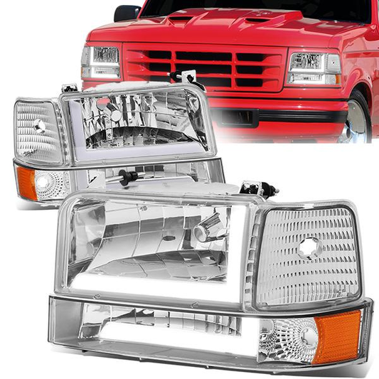 FAROS 92-96 FORD F-150, F-250, F-350 BRONCO - FITS MODELS WITH HALOGEN HEADLIGHTS ONLY - DUAL LED DRL - 4PC - CHROME HOUSING / AMBER CORNER - 9007 LOW BEAM / HIGH BEAM / 194 MARKER