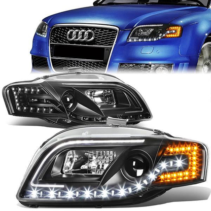 FAROS 06-08 AUDI A4, A4 QUATTRO, S4 - FOR 2005 MODELS, ONLY FITS NEW BODY - FITS SEDAN / WAGON MODELS WITH HALOGEN HEADLIGHTS ONLY -  DOES NOT FIT CABRIO AND CABRIOLET MODELS - LED DRL - HALO PROJECTOR - BLACK HOUSING / CLEAR LENS / AMBER SIGNAL