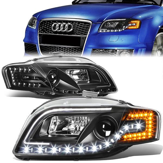FAROS 06-08 AUDI A4, A4 QUATTRO, S4 - FOR 2005 MODELS, ONLY FITS NEW BODY - FITS SEDAN / WAGON MODELS WITH HALOGEN HEADLIGHTS ONLY -  DOES NOT FIT CABRIO AND CABRIOLET MODELS - LED DRL - HALO PROJECTOR - BLACK HOUSING / CLEAR LENS / AMBER SIGNAL