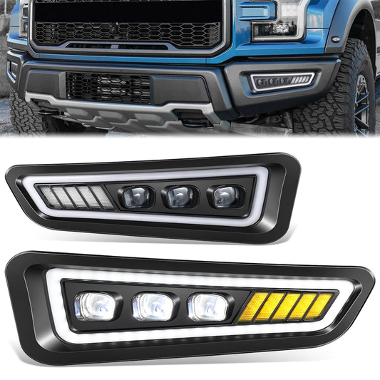 FAROS DE NIEBLA FORD F-150 RAPTOR 2017-2020 - TRI-PROJECTOR LED FOG LIGHT HALO RING SEQUENTIAL CHASE TURN SIGNAL - BLACK