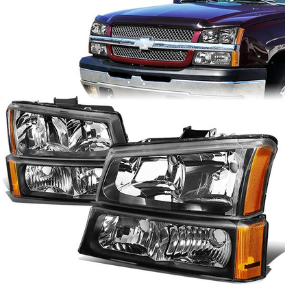 FAROS 03-04 CHEVY SILVERADO 2500 / 03-06 CHEVY AVALANCHE 1500 , 2500 / 03-06 CHEVY SILVERADO 1500 , 1500HD , 2500HD , 3500 2/4-DOOR - FITS MODELS WITHOUT FACTORY CLADDING ONLY - 4PC - BLACK HOUSING / AMBER CORNER - 9006 LOW BEAM / 9005 HIGH BEAM
