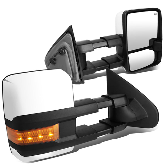 RETROVISORES EXTENDIBLES TOWING MIRROR - 14-ON CHEVY SILVERADO, GMC SIERRA 1500 / 15-17 CHEVY SILVERADO 2500, 3500, GMC SIERRA 2500, 3500 - PAIR - POWERED W/ HEATED - AMBER SIGNAL - CHROME