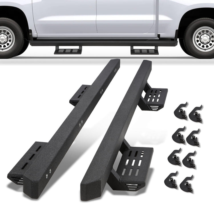 ESTRIBOS 4.75" - CHEVY SILVERADO 1500 CREW CAB 19-22/CHEVY SILVERADO 2500HD 3500HD CREW CAB 20-22/GMC SIERRA 1500 CREW CAB 19-22/GMC SIERRA 2500HD 3500HD CREW CAB 20-22 - EXCLUDES 2019 LD / LIMITED MODELS,INCLUDES DIESEL MODELS - MILD STEEL -  BLACK