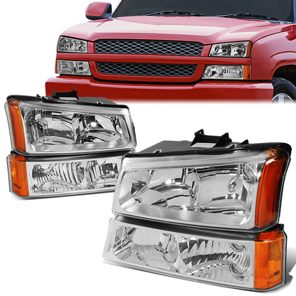 FAROS 03-04 CHEVY SILVERADO 2500 / 03-06 CHEVY AVALANCHE 1500 , 2500 / 03-06 CHEVY SILVERADO 1500 , 1500HD , 2500HD , 3500 2/4-DOOR - FITS MODELS WITHOUT FACTORY CLADDING ONLY - 4PC - CHROME HOUSING / AMBER CORNER - 9006 LOW BEAM / 9005 HIGH BEAM