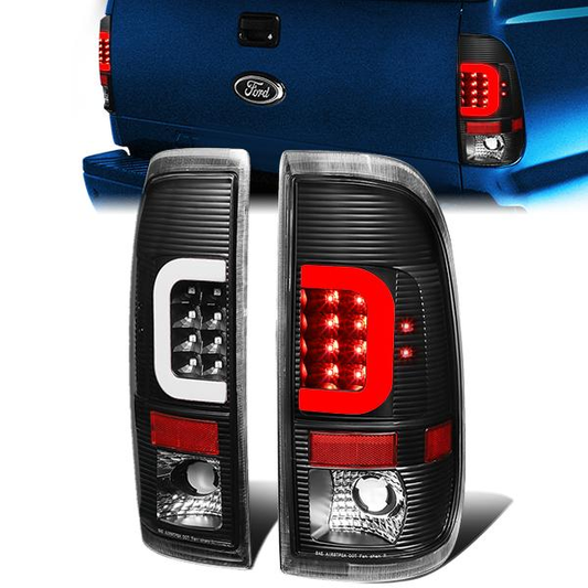 FAROS TRASEROS 97-03 FORD F-150 / 97-99 FORD F-250 / 99-07 FORD F-250, F-350, F-450, F-550 - SUPER DUTY / 04 FORD F-150 HERITAGE - C-BAR - 3D - LED - FITS STYLESIDE MODELS ONLY - BLACK / CLEAR