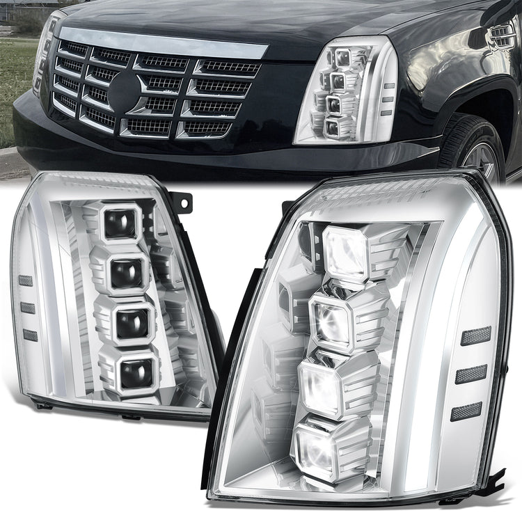 FAROS 07-14 CADILLAC ESCALADE / 07-14 CADILLAC ESCALADE ESV / 07-13 CADILLAC ESCALADE EXT - PROJECTOR HOUSING - QUAD PROJECTOR BEAM FULL LED SWITCHBACK LIGHT BAR - H7 / H1 - CHROME HOUSING / CLEAR CORNER