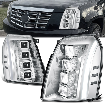 FAROS 07-14 CADILLAC ESCALADE / 07-14 CADILLAC ESCALADE ESV / 07-13 CADILLAC ESCALADE EXT - PROJECTOR HOUSING - QUAD PROJECTOR BEAM FULL LED SWITCHBACK LIGHT BAR - H7 / H1 - CHROME HOUSING / CLEAR CORNER