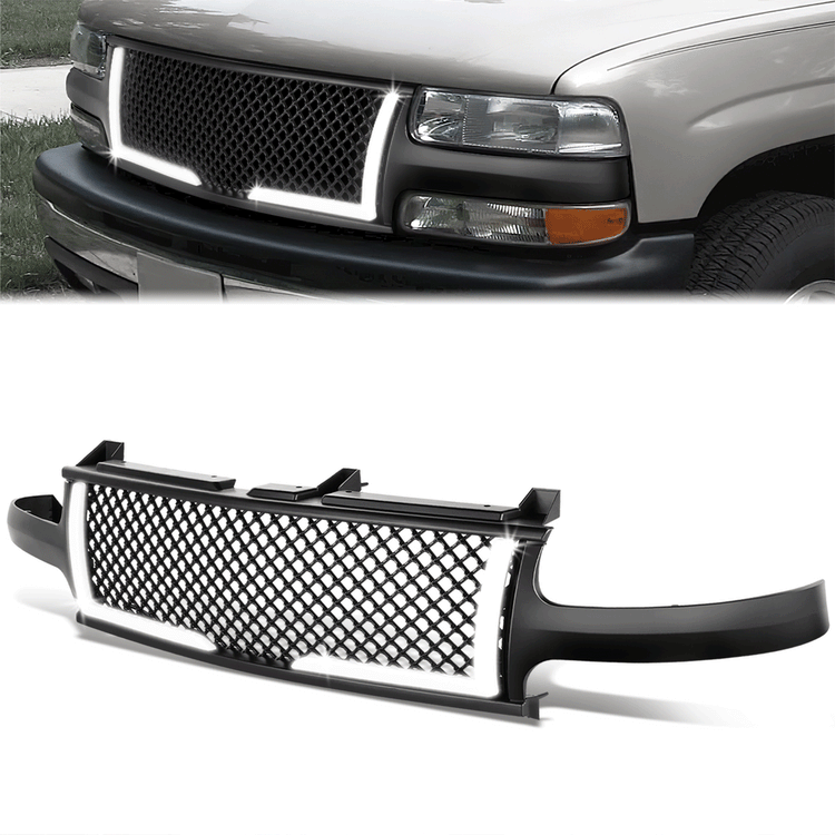 PARRILLA GRILLE - 99-02 CHEVY SILVERADO 1500, 2500 / 00-06 CHEVY SUBURBAN 1500, SUBURBAN 2500, TAHOE - HONEYCOMB MESH - W/ LED DRL LIGHT - LED'S REQUIRE WIRING INTO EXISTING LIGHTING - BLACK
