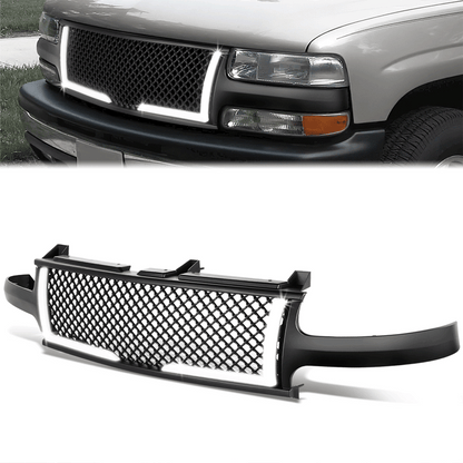 PARRILLA GRILLE - 99-02 CHEVY SILVERADO 1500, 2500 / 00-06 CHEVY SUBURBAN 1500, SUBURBAN 2500, TAHOE - HONEYCOMB MESH - W/ LED DRL LIGHT - LED'S REQUIRE WIRING INTO EXISTING LIGHTING - BLACK
