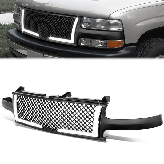 PARRILLA GRILLE - 99-02 CHEVY SILVERADO 1500, 2500 / 00-06 CHEVY SUBURBAN 1500, SUBURBAN 2500, TAHOE - HONEYCOMB MESH - W/ LED DRL LIGHT - LED'S REQUIRE WIRING INTO EXISTING LIGHTING - BLACK