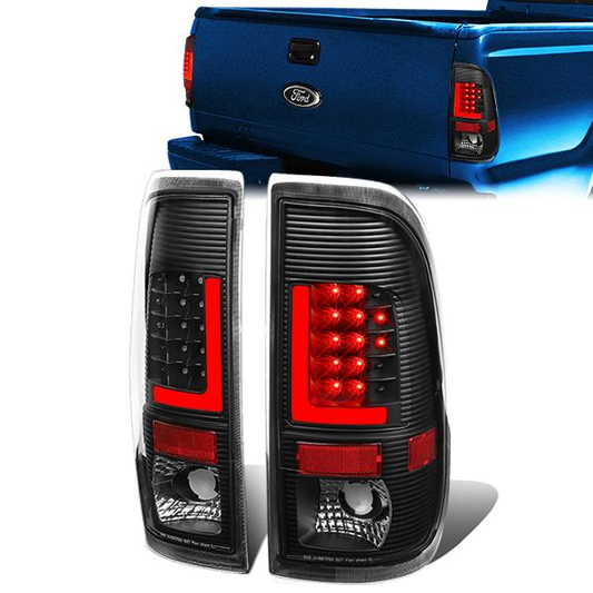FAROS TRASEROS 97-03 FORD F-150 / 97-99 FORD F-250 / 99-07 FORD F-250, F-350, F-450, F-550 - SUPER DUTY / 04 FORD F-150 HERITAGE - RED L-BAR - 3D - LED - FITS STYLESIDE MODELS ONLY - BLACK / CLEAR