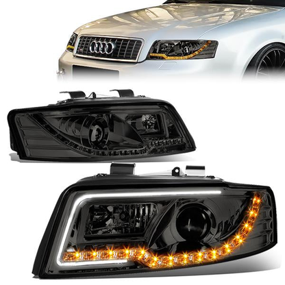 FAROS 02-05 AUDI A4 B6, A4 B6 QUATTRO / 04-05 AUDI S4 B6, A4 B6 QUATTRO - LED DRL - 4DR - DOES NOT FIT CABRIOLET MODELS - DOES NOT FIT MODELS WITH OEM XENON HID HEADLIGHTS - ONLY FITS SEDAN / WAGON MODELS WITH OEM HEADLIGHTS - SMOKE HOUSING / CLEAR LENS