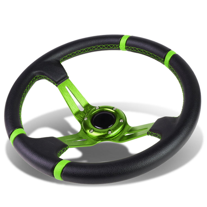 VOLANTE STEERING WHEEL - 350MM - PVC BLACK LEATHER - 6-BOLT - ALUMINUM - GREEN CENTER W/ 2 GREEN STRIPES ON TOP & BOTTOM