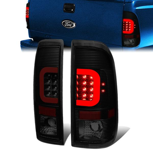 FAROS TRASEROS 97-03 FORD F-150 / 97-99 FORD F-250 / 99-07 FORD F-250, F-350, F-450, F-550 - SUPER DUTY / 04 FORD F-150 HERITAGE - RED C-BAR - 3D - LED - FITS STYLESIDE MODELS ONLY - BLACK / SMOKE