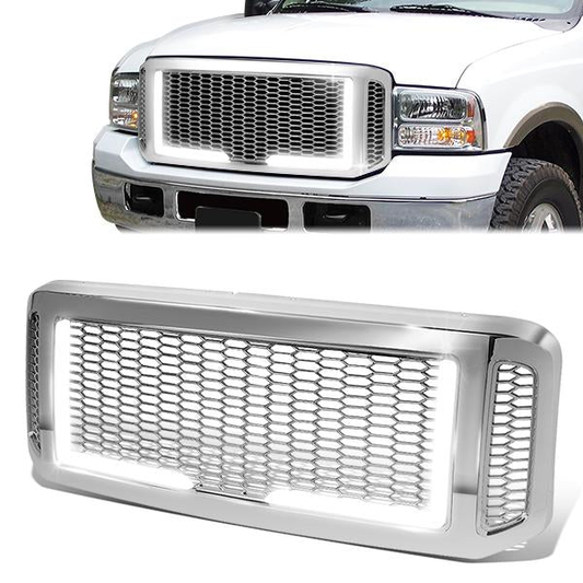 PARRILLA GRILLE - 05-07 FORD F-250, F-350, F-450, F-550 / 2005 FORD EXCURSION - HONEYCOMB MESH - W/ LED DRL LIGHT - LED'S REQUIRE WIRING INTO EXISTING LIGHTING - CHROME
