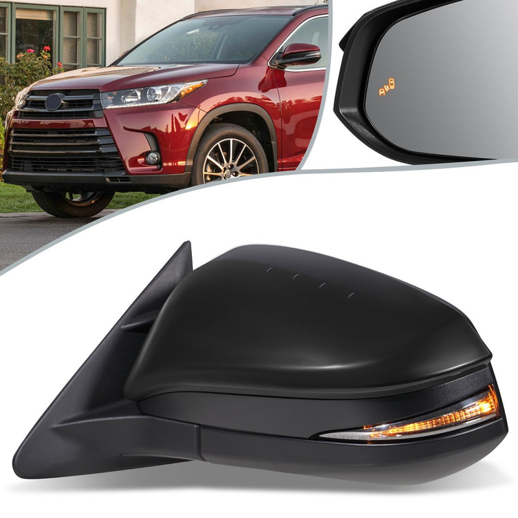 RETROVISOR MIRROR - OEM - 14-16 TOYOTA HIGHLANDER - POWERED - HEATED - W/ SIGNAL LIGHT - W/ BSD - FOLDING - BLACK MATERIAL - LEFT