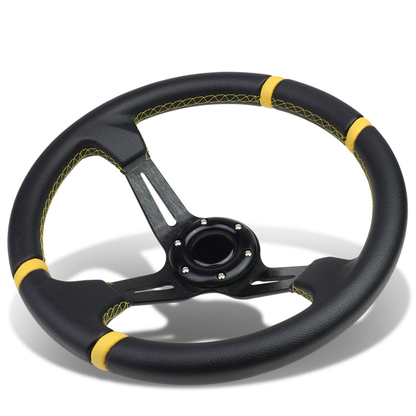 VOLANTE STEERING WHEEL - 350MM - PVC BLACK LEATHER - 6-BOLT - ALUMINUM - BLACK CENTER W/ 2 YELLOW STRIPES ON TOP & BOTTOM