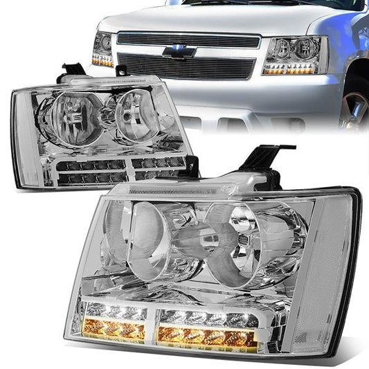 FAROS 07-13 CHEVY AVALANCHE / 07-14 CHEVY TAHOE / 07-14 CHEVY SUBURBAN 1500 / 07-13 CHEVY SUBURBAN 2500 - LED DRL - CHROME HOUSING / CLEAR CORNER - H1 LOW BEAM / H1 HIGH BEAM