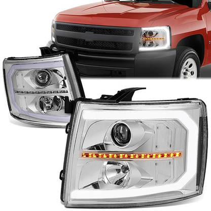 FAROS 07-13 CHEVY SILVERADO 1500 / 07-14 SILVERADO 2500, 3500 AND HD MODELS - DOES NOT FIT 2007 OLD BODY CLASSIC MODELS - LED DRL - SEQUENTIAL TURN SIGNAL - C-BAR - CHROME HOUSING / CLEAR CORNER