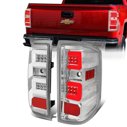 FAROS TRASEROS 14-19 CHEVY SILVERADO 1500 - 15-19 SILVERADO 2500HD 3500HD - 15-19 GMC SIERRA 3500HD DUAL REAR WHEELS - HALOGEN TAIL LIGHT MODELS ONLY - C-BAR - DUAL 3D STRIPS - LED - CHROME / CLEAR