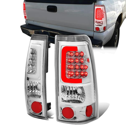 FAROS TRASEROS 99-02 CHEVY SILVERADO 1500 , 2500 , 3500 , HD MODELS / 99-03 GMC SIERRA 1500 , 2500 , HD MODELS - C-BAR - 3D - U-HALO LED - CHROME / CLEAR