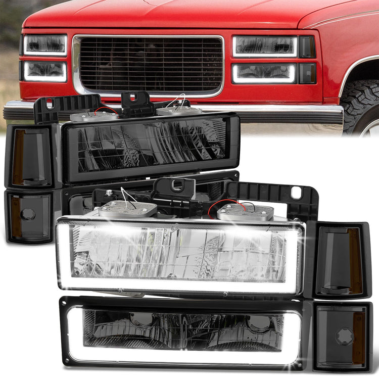 FAROS SMOKE LENS,AMBER REFLECTOR,CHROME HOUSING - 8PCS - LED BAR - 94-99 GMC C1500 K1500 YUKON / 94-99 GMC C1500 SUBURBAN C2500 SUBURBAN K1500 SUBURBAN K2500 SUBURBAN / 94-00 GMC C2500 C3500 K2500 K3500 - FITS MODELS WITH COMPOSITE HEADLIGHTS ONLY