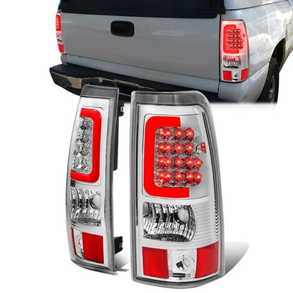 FAROS TRASEROS 03-06 CHEVY SILVERADO 1500 , 2500 , 3500 , HD MODELS , GMC SIERRA 1500 , 2500 , 3500 , HD MODELS / 2007 CHEVY SILVERADO , GMC SIERRA CLASSIC MODELS - RED C-BAR - 3D - U-HALO LED - FITS FLEETSIDE MODELS ONLY , DOES NOT FIT DUALLY MODELS -