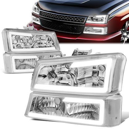 FAROS 03-06 CHEVY SILVERADO 1500, 2500, 3500 / 2007 CHEVY SILVERADO 1500, 2500, 3500 / 03-06 CHEVY AVALANCHE - FITS MODELS WITHOUT BODY CLADDING ONLY - FITS MODELS WITH HALOGEN HEADLIGHTS ONLY - LED DRL - 4PC - CHROME HOUSING / CLEAR CORNER
