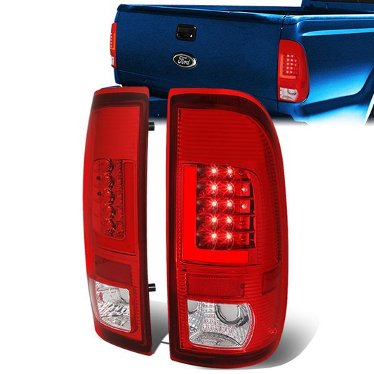 FAROS TRASEROS 97-03 FORD F-150 / 97-99 FORD F-250 / 99-07 FORD F-250, F-350, F-450, F-550 - SUPER DUTY / 04 FORD F-150 HERITAGE - RED L-BAR - 3D - LED - CHROME / RED