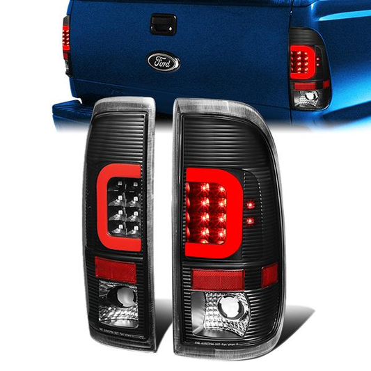 FAROS TRASEROS 97-03 FORD F-150 / 97-99 FORD F-250 / 99-07 FORD F-250, F-350, F-450, F-550 - SUPER DUTY / 04 FORD F-150 HERITAGE - RED C-BAR - 3D - LED - FITS STYLESIDE MODELS ONLY - BLACK / CLEAR