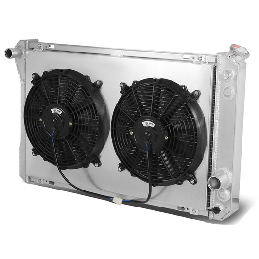 RADIADOR DE ALUMINIO RADIATOR + FAN SHROUD - 3 ROWS - 82-92 CHEVY CAMARO, PONTIAC FIREBIRD - FITS 2.5L, 3.1L, 3.8L V6, OR 305/ 350 CU IN V8 MODELS ONLY - BLACK FANS
