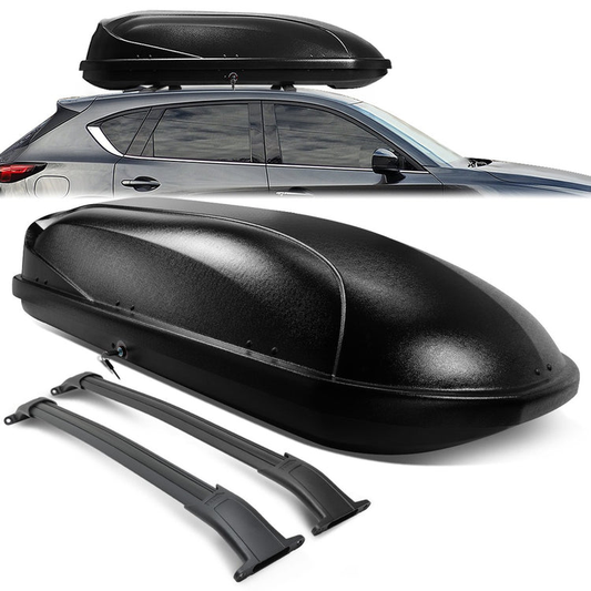 PORTAEQUIPAJE ROOF RACK CROSS BARS + CARGO ROOF BOX - 15-18 CADILLAC ESCALADE, CADILLAC ESCALADE ESV, CHEVY SUBURBAN, CHEVY TAHOE, GMC YUKON, GMC YUKON XL - MOUNTS ONTO OEM ROOF RAILS ONLY - BLACK