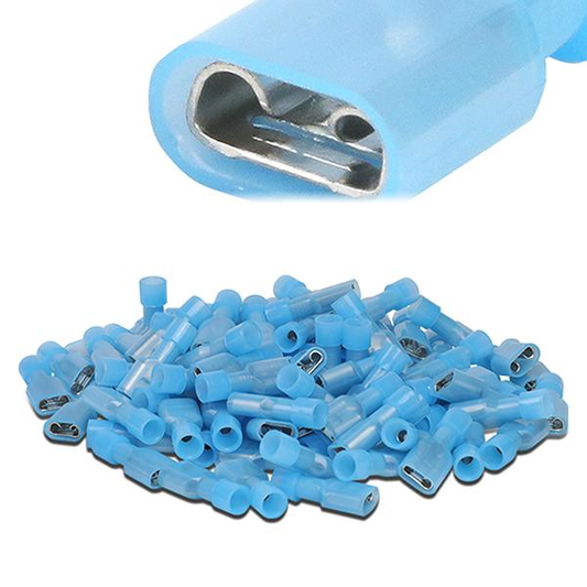 nan FEMALE SPADE QUICK DISCONNECT CONNECTOR - 100PCS - CRIMP STYLE - 1/4" FEMALE 14-18 GA AWG - BLUE