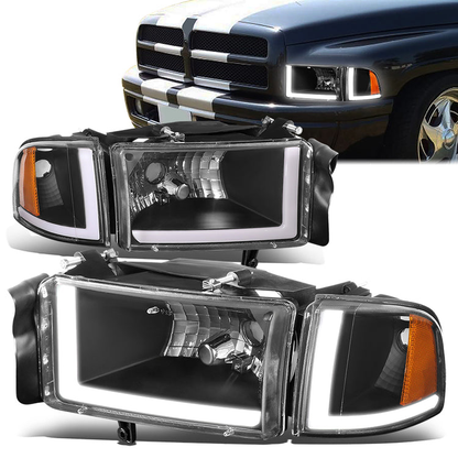 FAROS 94-01 DODGE RAM 1500 / 94-02 DODGE RAM 2500 3500 - DOES NOT FIT SPORT MODELS - LED DRL - BLACK HOUSING / AMBER CORNER - 9004 HIGH / LOW BEAM BULBS