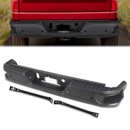 DEFENSA TRASERA 19-23 CHEVY SILVERADO 1500 GMC SIERRA 1500 ALSO FITS CHEVY SILVERADO 1500 LTD 22 AND GMC SIERRA 1500 LIMITED 22 - CORNER STEP MODEL W/ PARKING SENSOR HOLES - W/O EXHUAST CUTOUTS - BLACK/STEEL