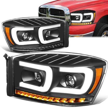 FAROS 06-08 DODGE RAM 1500 / 06-09 DODGE RAM 2500, 3500 - FITS MODELS WITH HALOGEN HEADLAMPS ONLY - DUAL LED DRL - PROJECTOR - BLACK HOUSING / AMBER CORNER - H1 LOW BEAM / H1 HIGH BEAM / INTEGRATED LED SIGNAL & MARKER