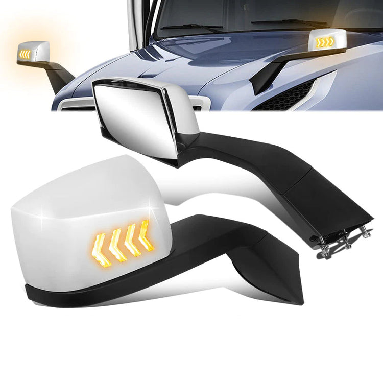 RETROVISOR HOOD MIRROR - 18-21 VOLVO VNL, VNL 300, VNL 400, VNL 740, VNL 760, VNL 860 - MARKER & TURN SIGNAL LIGHTS NEED TO BE WIRED INTO EXISTING LIGHTING HARNESS - MANUAL - AMBER CHASING LED ARROW-CHEVRON - CHROME