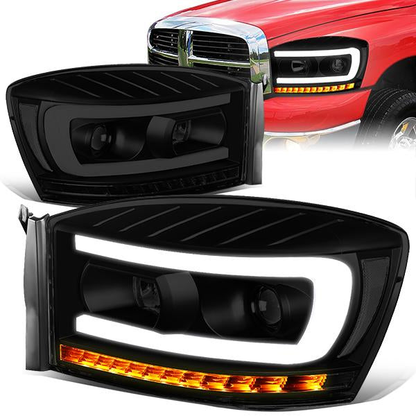 FAROS 06-08 DODGE RAM 1500 / 06-09 DODGE RAM 2500, 3500 - FITS MODELS WITH HALOGEN HEADLAMPS ONLY - LED DRL - PROJECTOR - BLACK HOUSING / SMOKED LENS / CLEAR CORNER - H1 LOW BEAM / H1 HIGH BEAM / INTEGRATED LED SIGNAL & MARKER