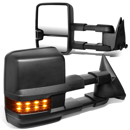 RETROVISORES EXTENDIBLES TOWING MIRROR - 88-98 CHEVY GMC C/K 1500 / 88-00 CHEVY GMC C/K 2500 / 88-02 CHEVY GMC C3500 / 88-00 CHEVY GMC K3500 / 95-99 CHEVY TAHOE / 92-99 GMC YUKON, SUBURBAN - PAIR - POWERED - LED AMBER SIGNAL - BLACK