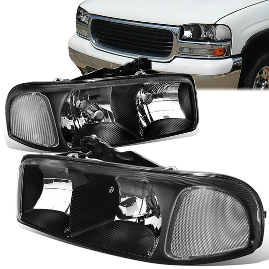 FAROS 99-07 GMC SIERRA 1500 / 99-04 2500 / 01-07 1500 HD/2500 HD/3500 HD / 99-06 YUKON / 00-06 YUKON XL 1500/2500 / 2001 SIERRA C3 - 2PC - 9005 LOW BEAM / HIGH BEAM - BLACK HOUSING / CLEAR CORNER