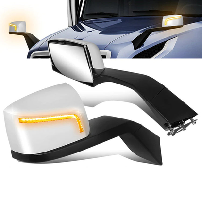 RETROVISOR HOOD MIRROR - 18-21 VOLVO VNL, VNL 300, VNL 400, VNL 740, VNL 760, VNL 860 - MARKER & TURN SIGNAL LIGHTS NEED TO BE WIRED INTO EXISTING LIGHTING HARNESS - MANUAL - AMBER CHASING LED L-PATTERN - CHROME