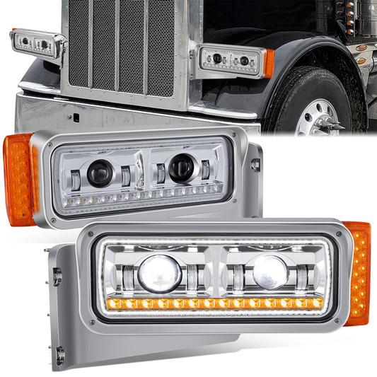 FAROS 81-88 PETERBILT 359 / 87-07 PETERBILT 379 / 08-21 PETERBILT 389 - FULL LED SEQUENTIAL CHASING TURN SIGNAL HEADLIGHT - CHROME